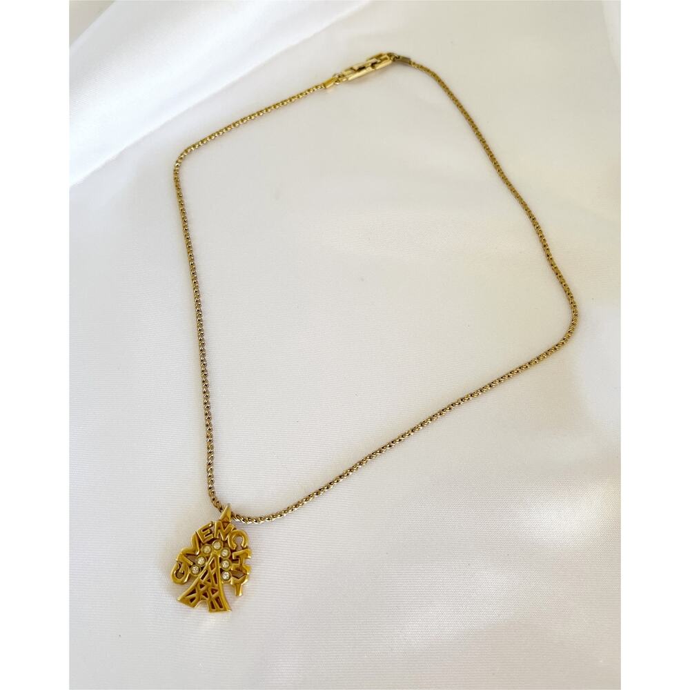 GIVENCHY Eiffel Tower Gold Necklace Vintage Accessory Pendant Logo Rhinestone - Picture 12 of 15